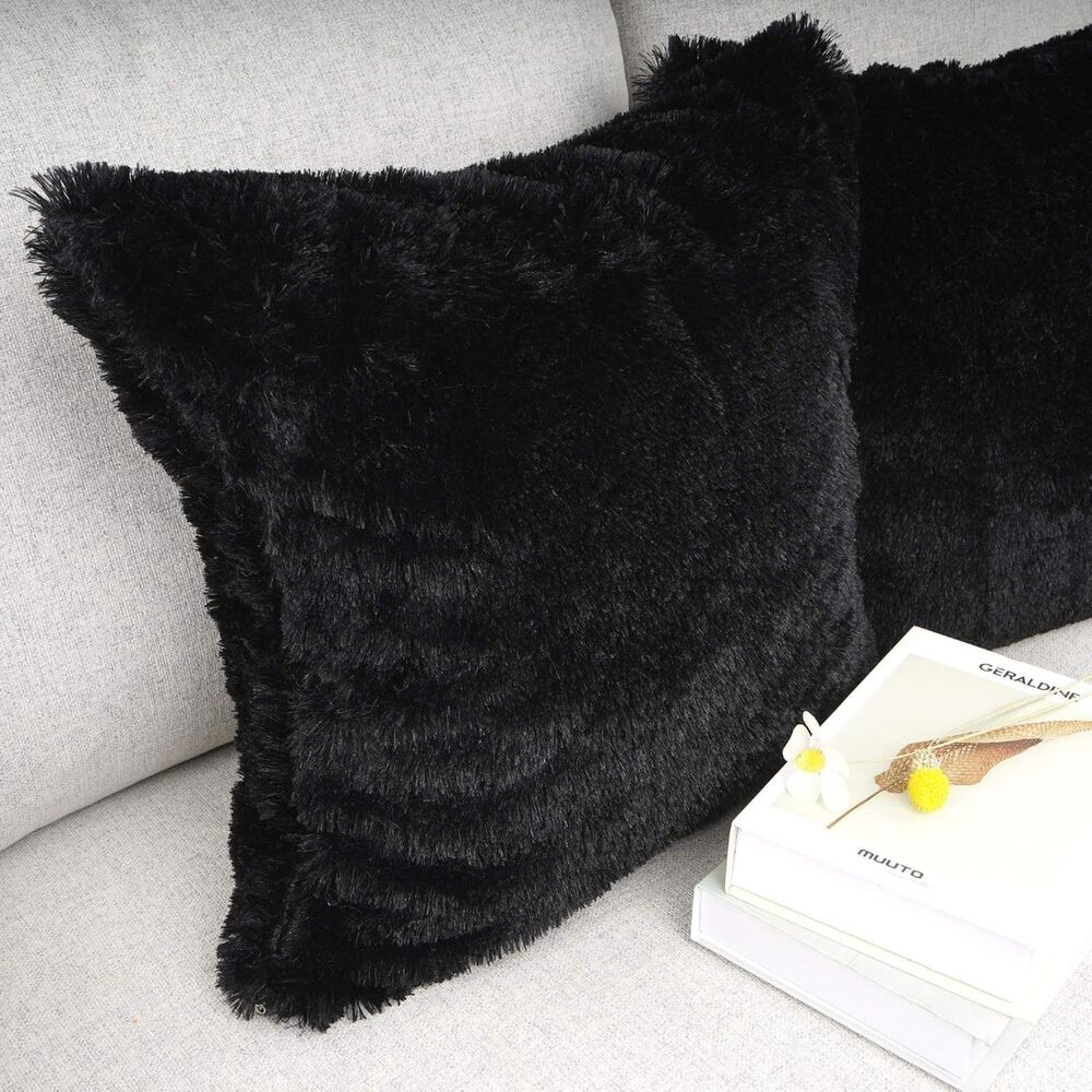 2 Pack, Decorative Luxury Series Merino Fur Throw Pillow Covers 18"x18"(Black)